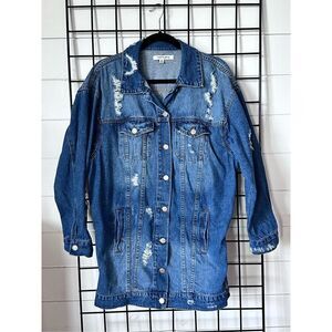 Oversized Distressed Denim Jacket - Blue
